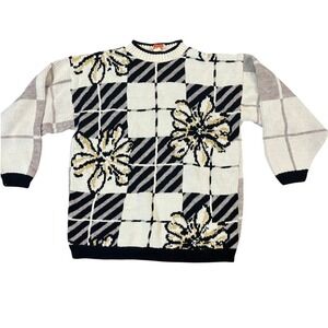 Vintage Spunky Floral Geometric Metallic‎ Knit Sweater Black White Made in USA
